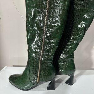 Elegant Green Croc-Embossed leather knee high boots